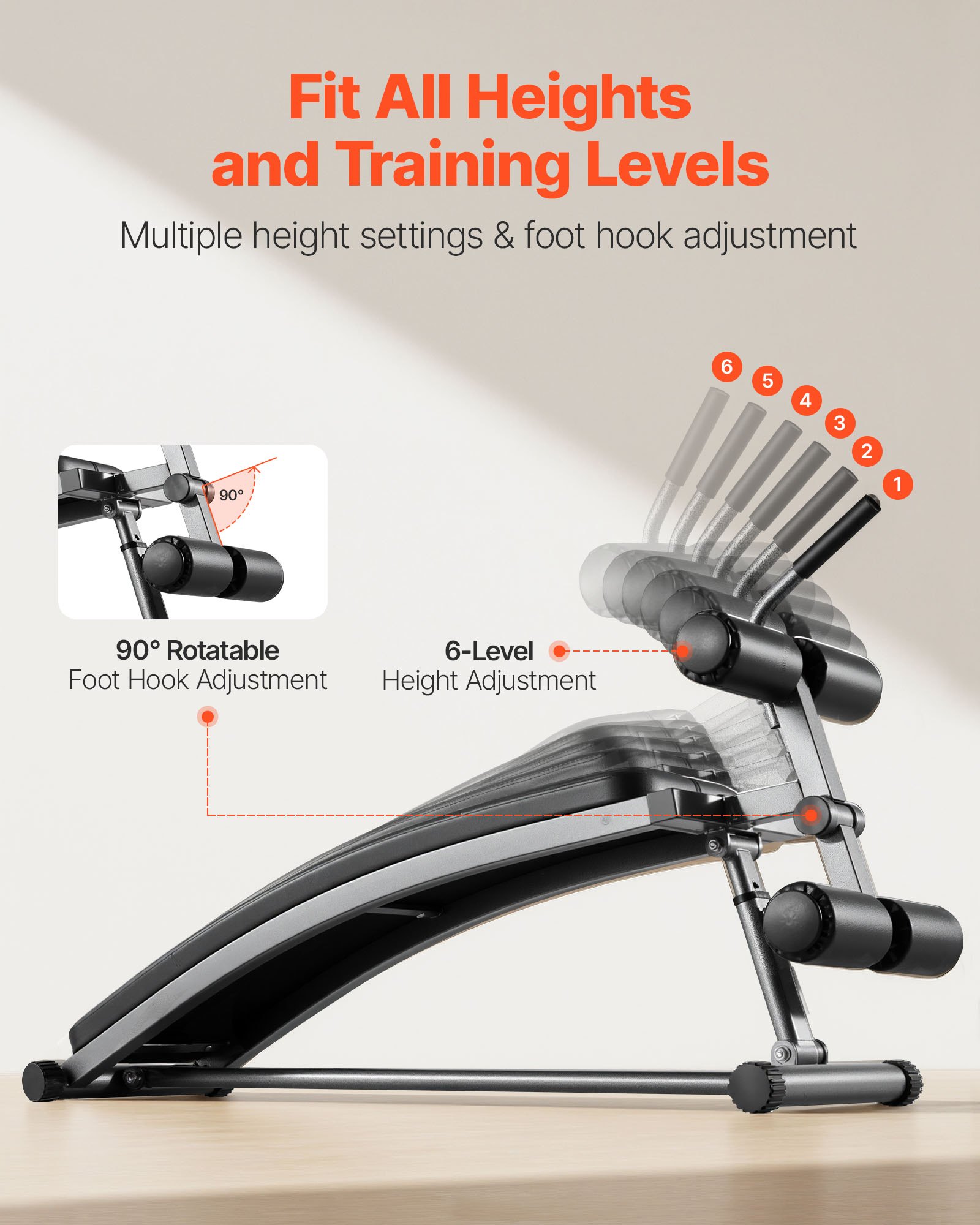 VEVOR Sit-Up Bench, gebogen buikspierbank, 6 niveaus, in hoogte verstelbaar (132 x 42 x 85 cm), rugtrainer (draagvermogen 272 kg), voor thuistraining in de sportschool, krachttraining, spiertraining voor het hele lichaam