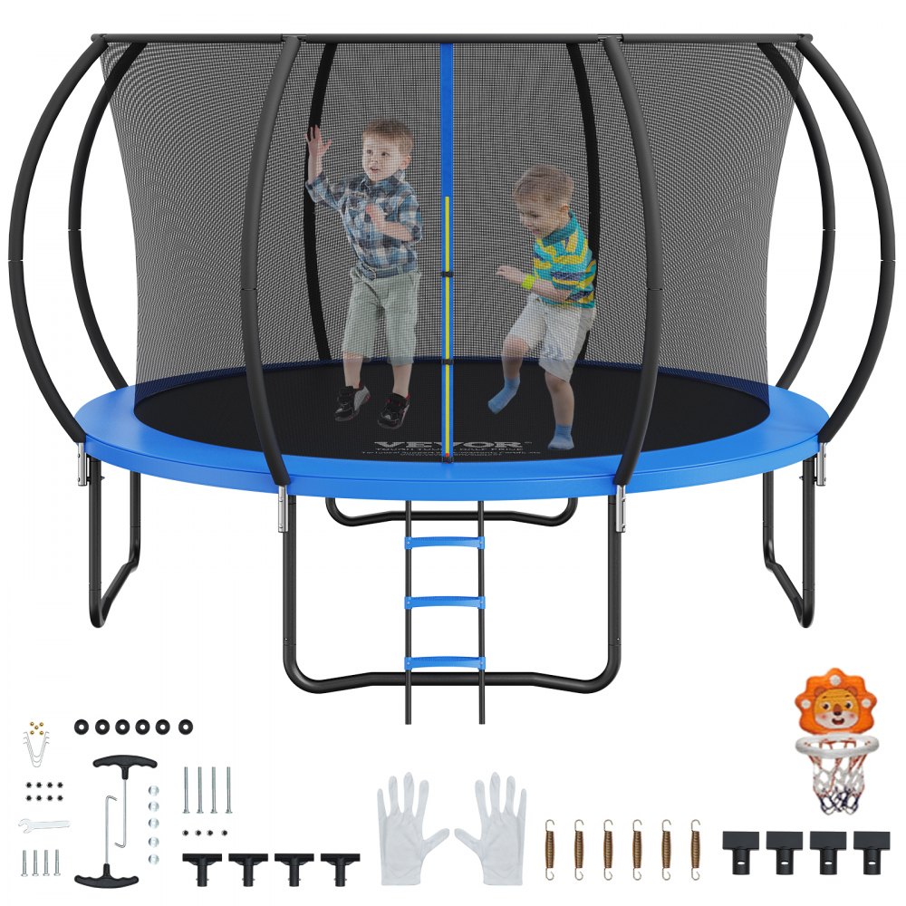 VEVOR trampoline with safety net, ladder, gloves, and accessories, featuring kids jumping inside.