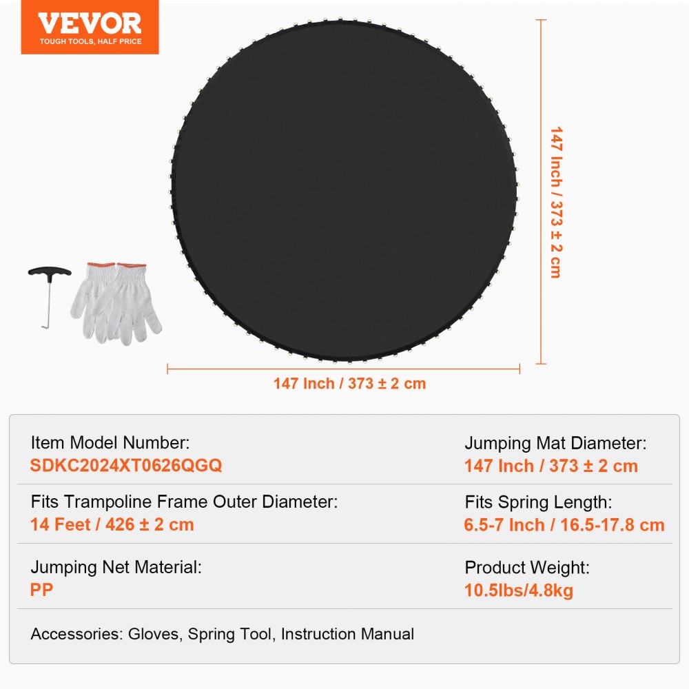 VEVOR Replacement Trampoline Mat, Jumping Mat Fits 14ft Frame, Universal Jumping Mat for 14ft Round Trampoline, Reinforce UV-Resistant Mat with Spring Tool & Durable V-Rings, Fit 6.5"-7" Spring Length