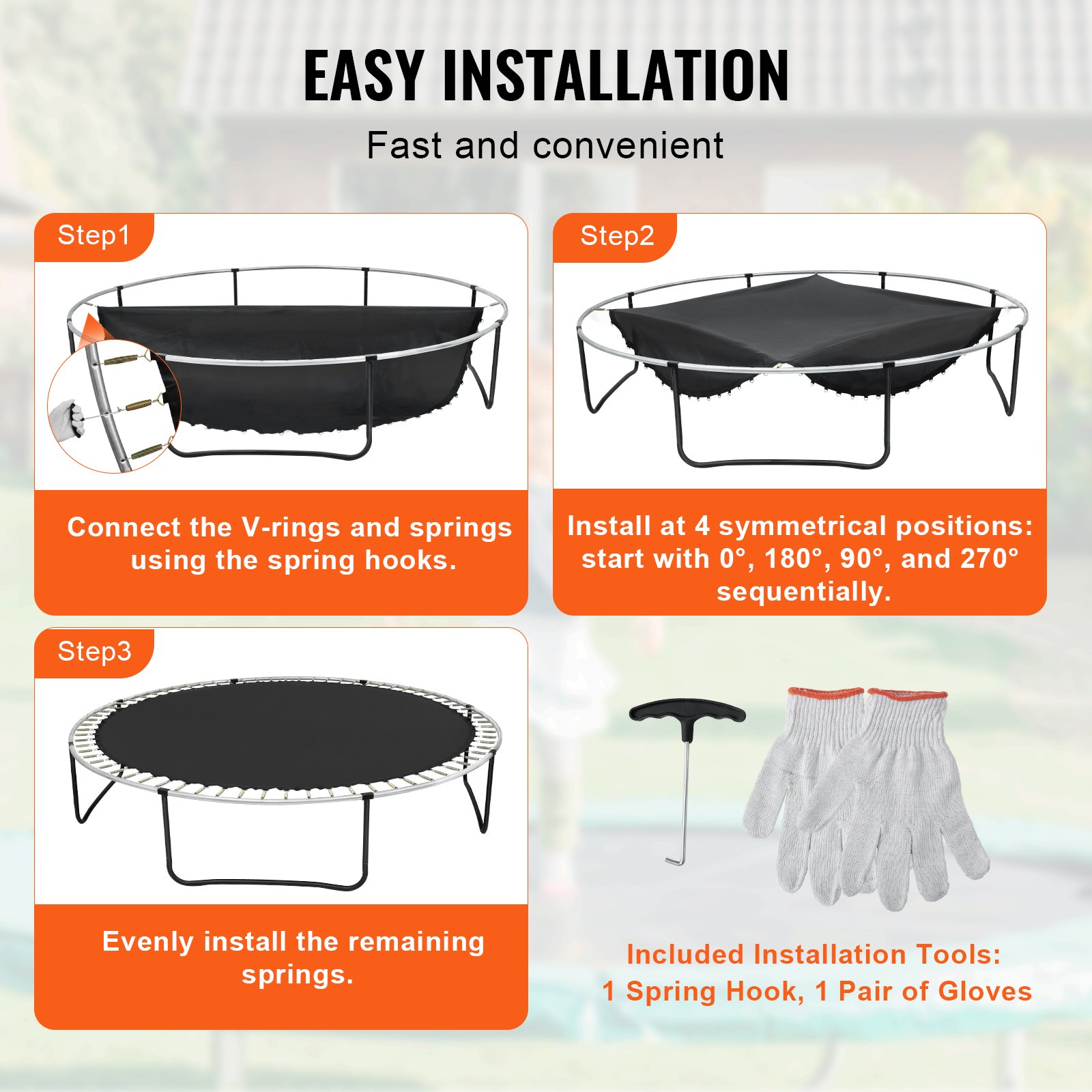 VEVOR Replacement Trampoline Mat, Jumping Mat Fits 14ft Frame, Universal Jumping Mat for 14ft Round Trampoline, Reinforce UV-Resistant Mat with Spring Tool & Durable V-Rings, Fit 6.5"-7" Spring Length