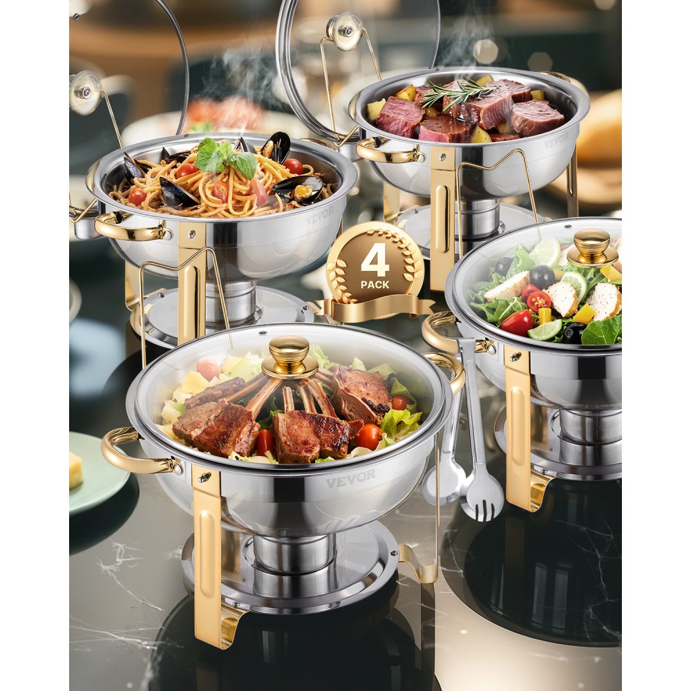 VEVOR Chafing Dish Buffet Food Warmer met 4 grote containers (4,7 L), ronde catering warmtedispenser met glazen deksel, waterpan en opvouwbare standaard, voor bruiloftsbuffet Goud
