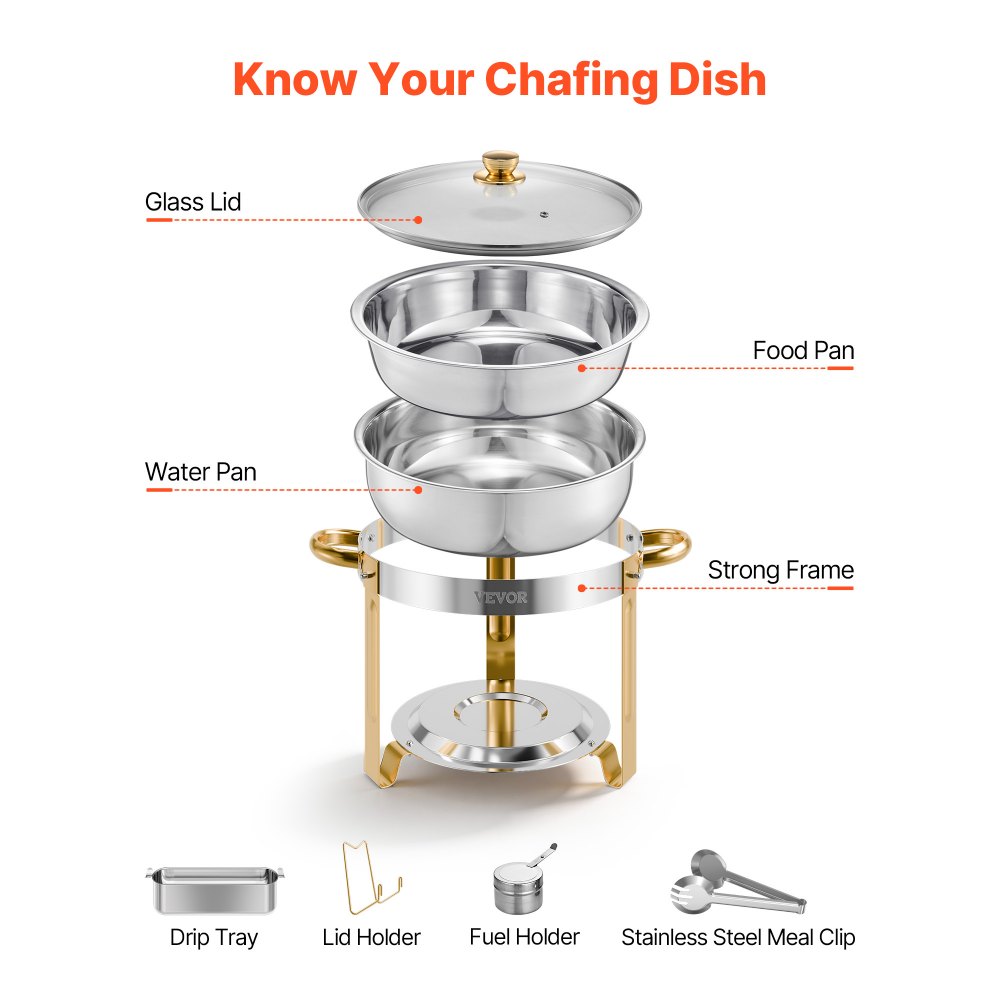 VEVOR Chafing Dish Buffet Food Warmer met 4 grote containers (4,7 L), ronde catering warmtedispenser met glazen deksel, waterpan en opvouwbare standaard, voor bruiloftsbuffet Goud