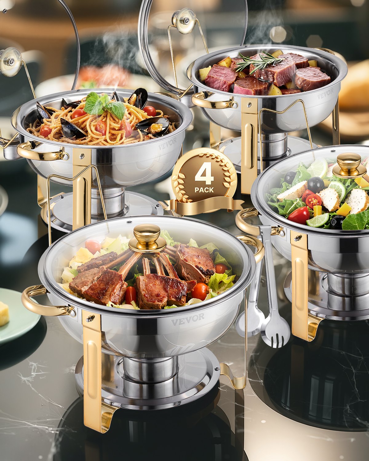 VEVOR Chafing Dish Buffet Food Warmer met 4 grote containers (4,7 L), ronde catering warmtedispenser met glazen deksel, waterpan en opvouwbare standaard, voor bruiloftsbuffet Goud