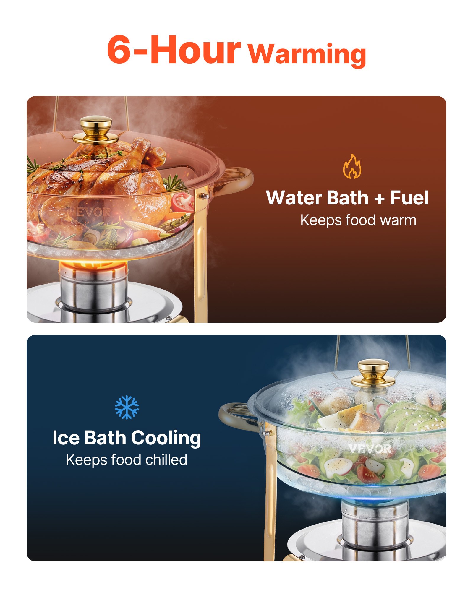 VEVOR Chafing Dish Buffet Food Warmer met 4 grote containers (4,7 L), ronde catering warmtedispenser met glazen deksel, waterpan en opvouwbare standaard, voor bruiloftsbuffet Goud