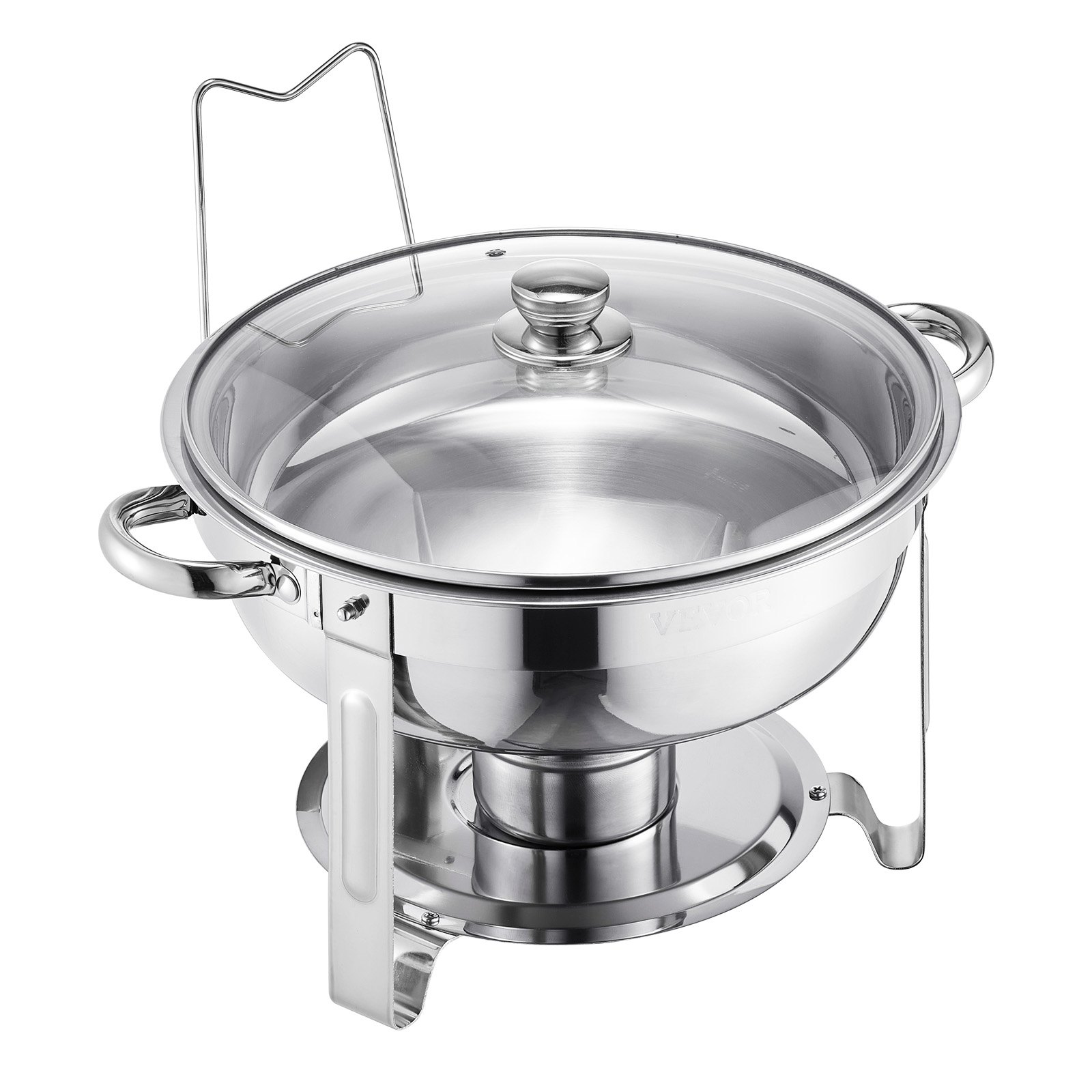 VEVOR Chafing Dish Buffetvoedselwarmer met 4 grote containers (elk 4,7 l), ronde cateringwarmtedispenser met glazen deksel, waterpan en opvouwbare standaard, voor bruiloftsbuffet zilver