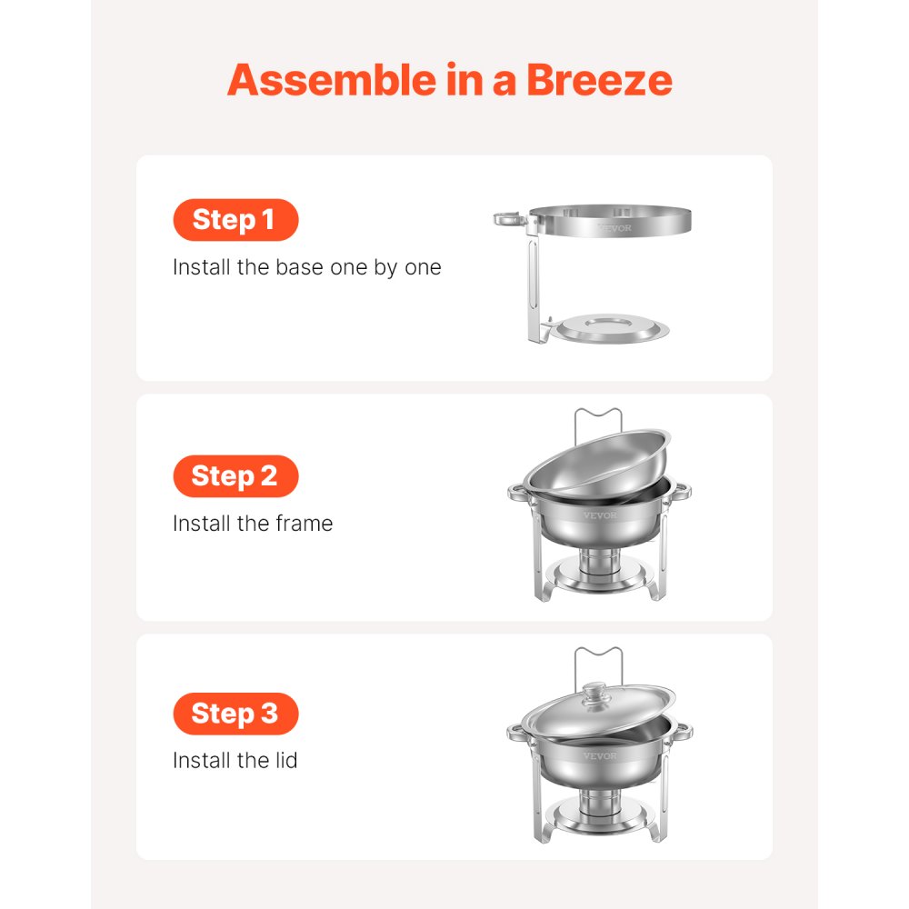 VEVOR Chafing Dish Buffetvoedselwarmer met 2 grote containers (elk 4,7 L), ronde cateringwarmtedispenser met deksel, brandstofhouder en waterpan, voor bruiloften en feesten, zilver