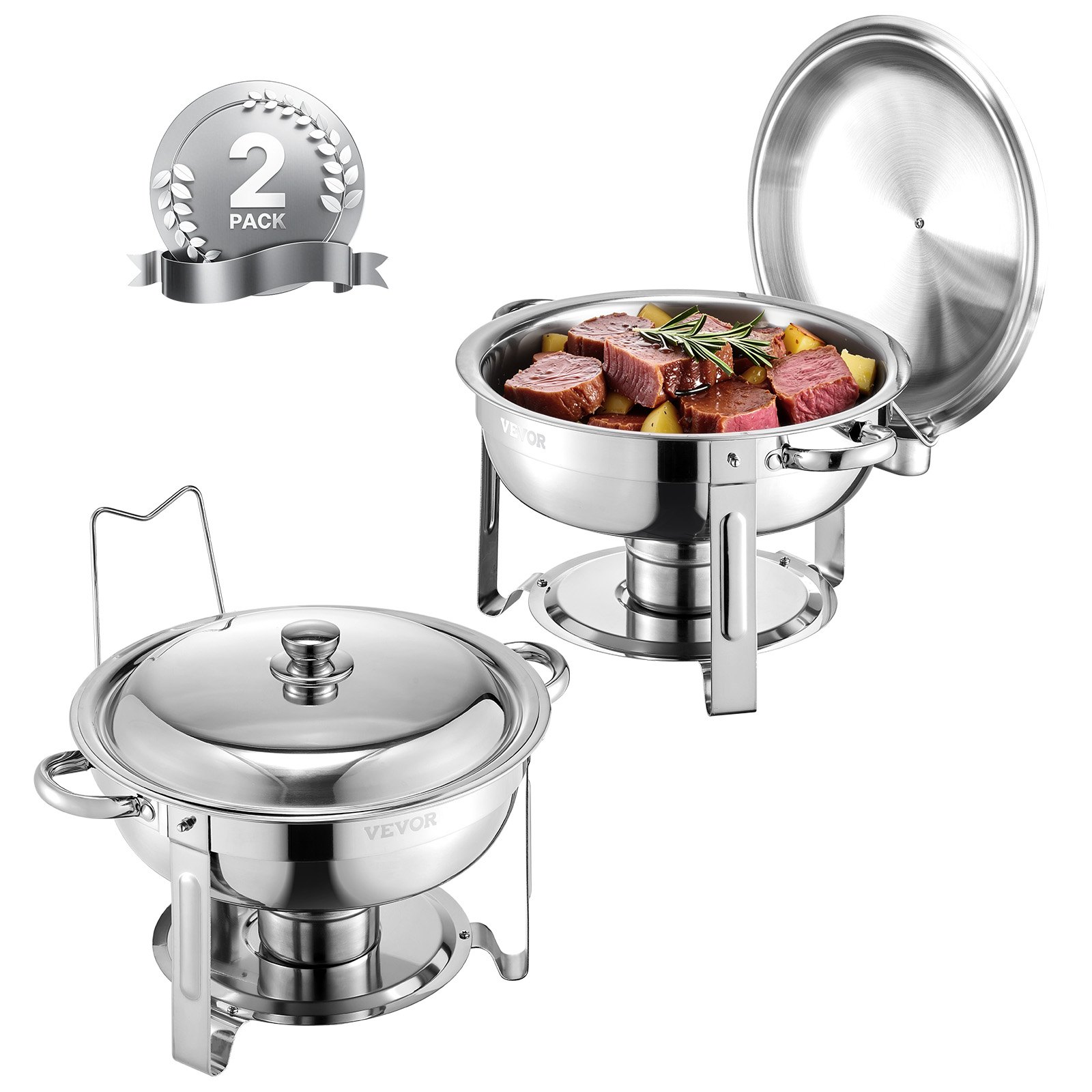 VEVOR Chafing Dish Buffetvoedselwarmer met 2 grote containers (elk 4,7 L), ronde cateringwarmtedispenser met deksel, brandstofhouder en waterpan, voor bruiloften en feesten, zilver
