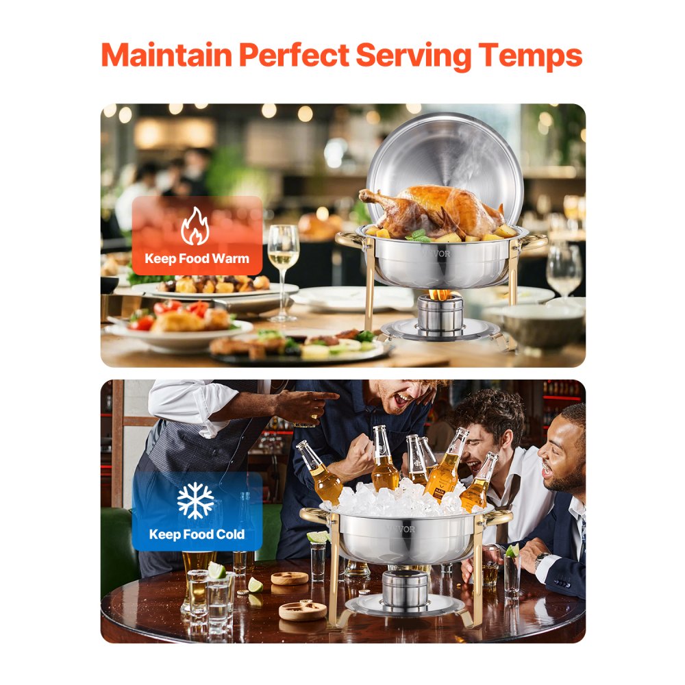 VEVOR Chafing Dish Buffetvoedselwarmer met 4 grote containers (elk 4,7 l), ronde cateringwarmtedispenser met deksel, waterpan en opvouwbare standaard, voor bruiloften en feesten. Gouden