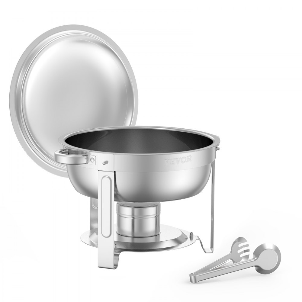 VEVOR Chafing Dish Buffet Voedselwarmer met 4 grote containers (elk 4,7 L), ronde catering warmtedispenser met deksel, waterpan en opvouwbare standaard, voor bruiloften en feesten, zilver