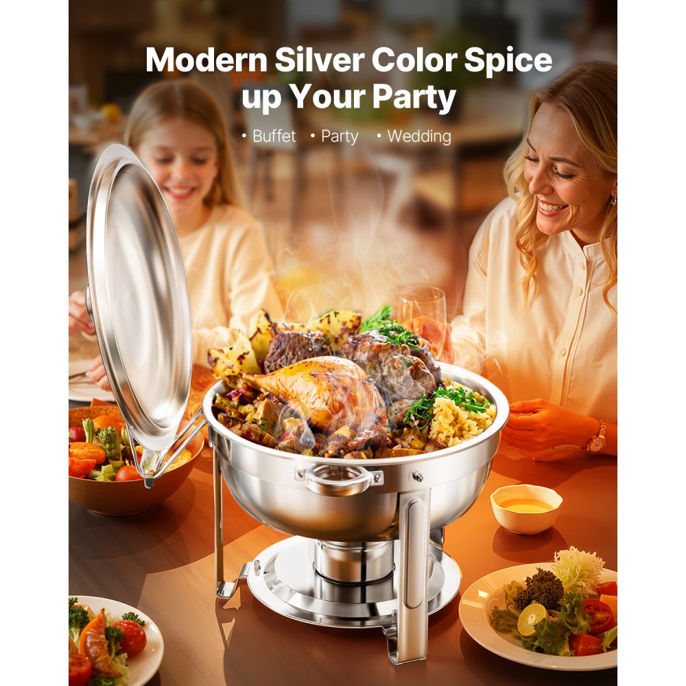 VEVOR Chafing Dish Buffet Voedselwarmer met 4 grote containers (elk 4,7 L), ronde catering warmtedispenser met deksel, waterpan en opvouwbare standaard, voor bruiloften en feesten, zilver