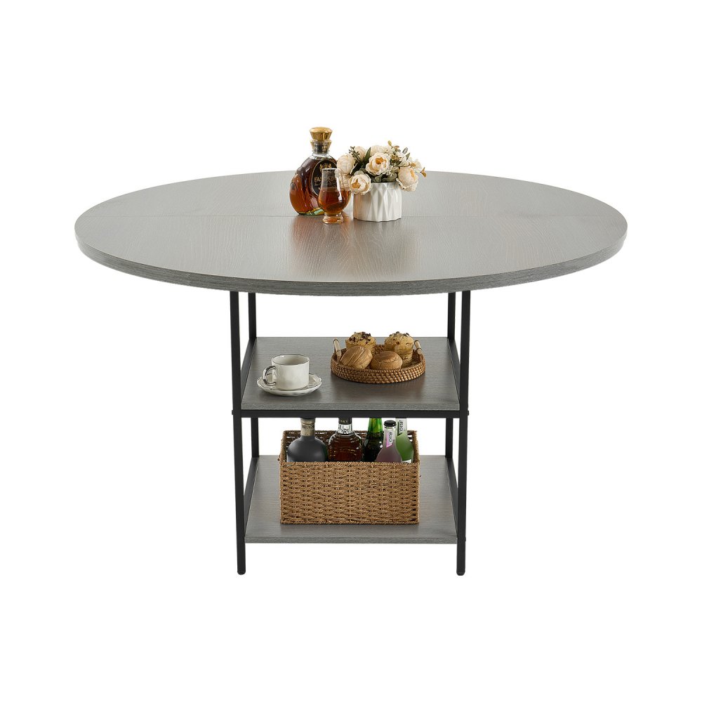 VEVOR Ronde eettafel Houten keukentafel (120 cm / 136,1 kg draagvermogen) voor 4-6 personen, moderne vrijetijdstafels met opbergruimte en metalen poten, voor keuken thuis en woonkamer, grijs (alleen tafel)
