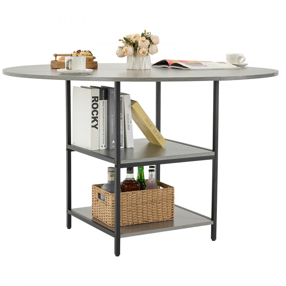VEVOR Ronde eettafel Houten keukentafel (120 cm / 136,1 kg draagvermogen) voor 4-6 personen, moderne vrijetijdstafels met opbergruimte en metalen poten, voor keuken thuis en woonkamer, grijs (alleen tafel)