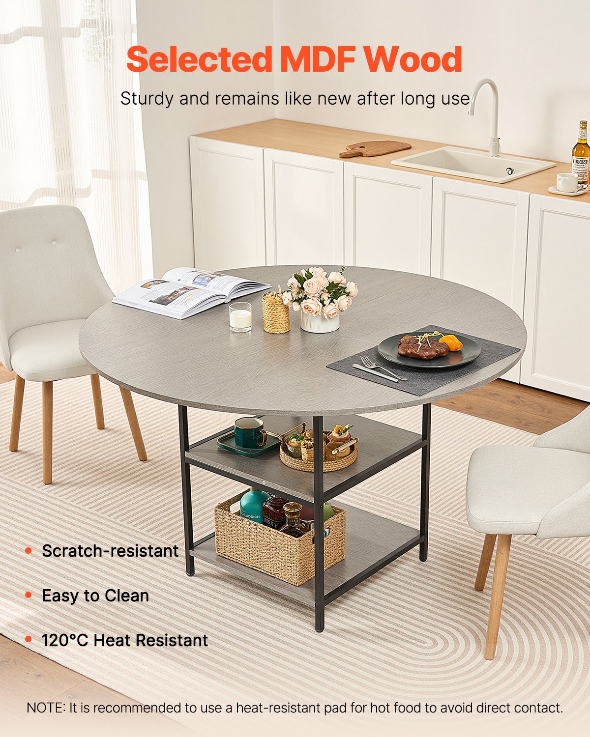 VEVOR Ronde eettafel Houten keukentafel (120 cm / 136,1 kg draagvermogen) voor 4-6 personen, moderne vrijetijdstafels met opbergruimte en metalen poten, voor keuken thuis en woonkamer, grijs (alleen tafel)