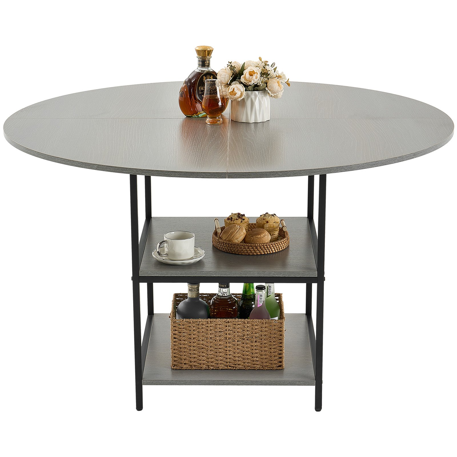 VEVOR Ronde eettafel Houten keukentafel (120 cm / 136,1 kg draagvermogen) voor 4-6 personen, moderne vrijetijdstafels met opbergruimte en metalen poten, voor keuken thuis en woonkamer, grijs (alleen tafel)