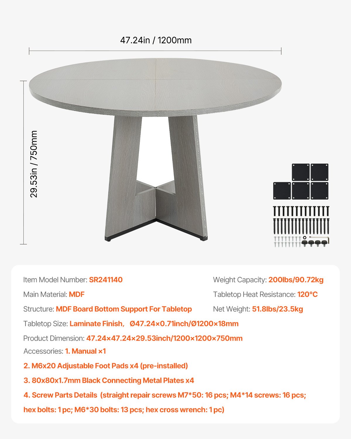 VEVOR Round Dining Table, 47 inch Wood Table for 4-6 Person, Farmhouse Circle Dinner Furniture, Rustic Leisure Tables with Thick Wooden Legs, for Home Kitchen Living Room, Grey (Only Table)