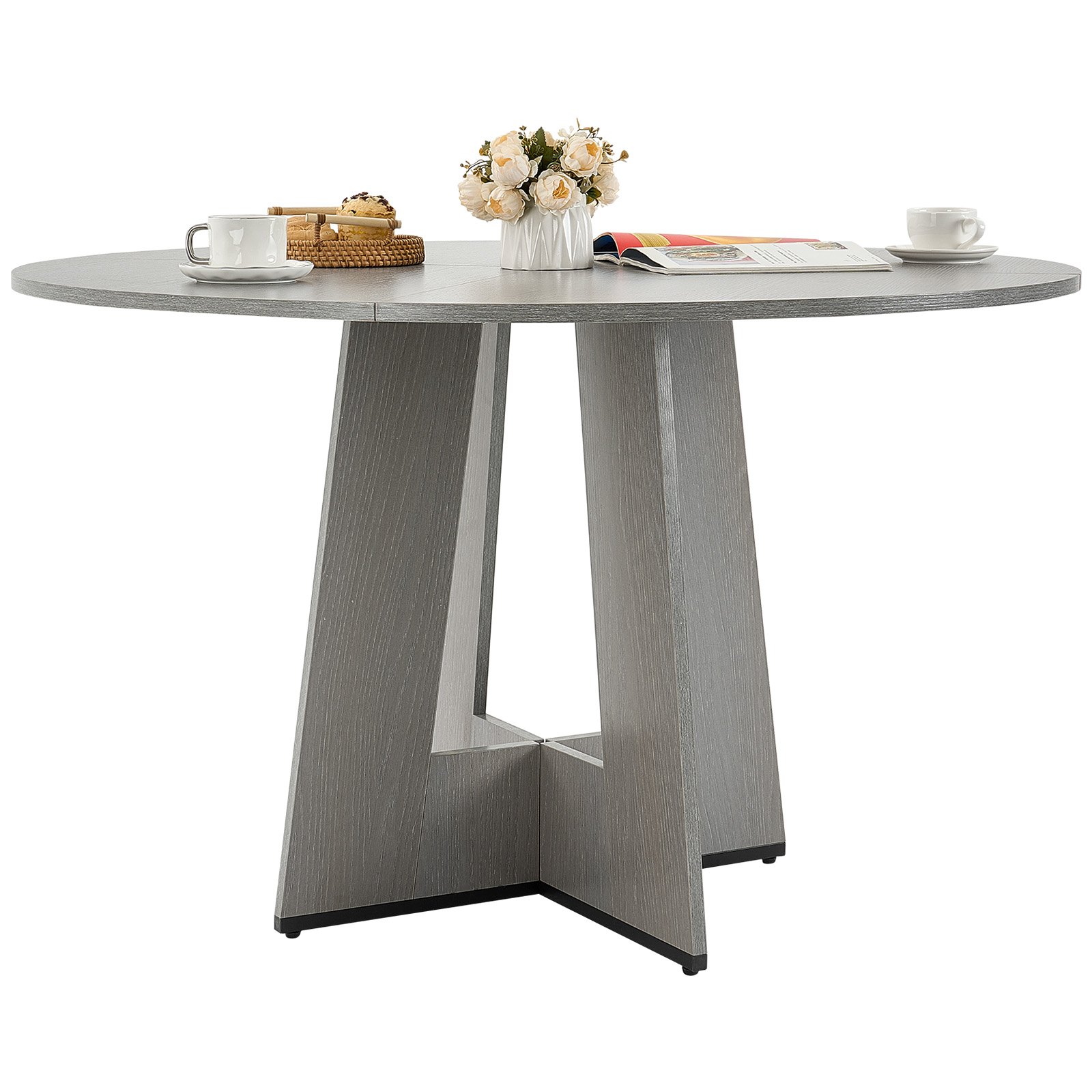 VEVOR Round Dining Table, 47 inch Wood Table for 4-6 Person, Farmhouse Circle Dinner Furniture, Rustic Leisure Tables with Thick Wooden Legs, for Home Kitchen Living Room, Grey (Only Table)