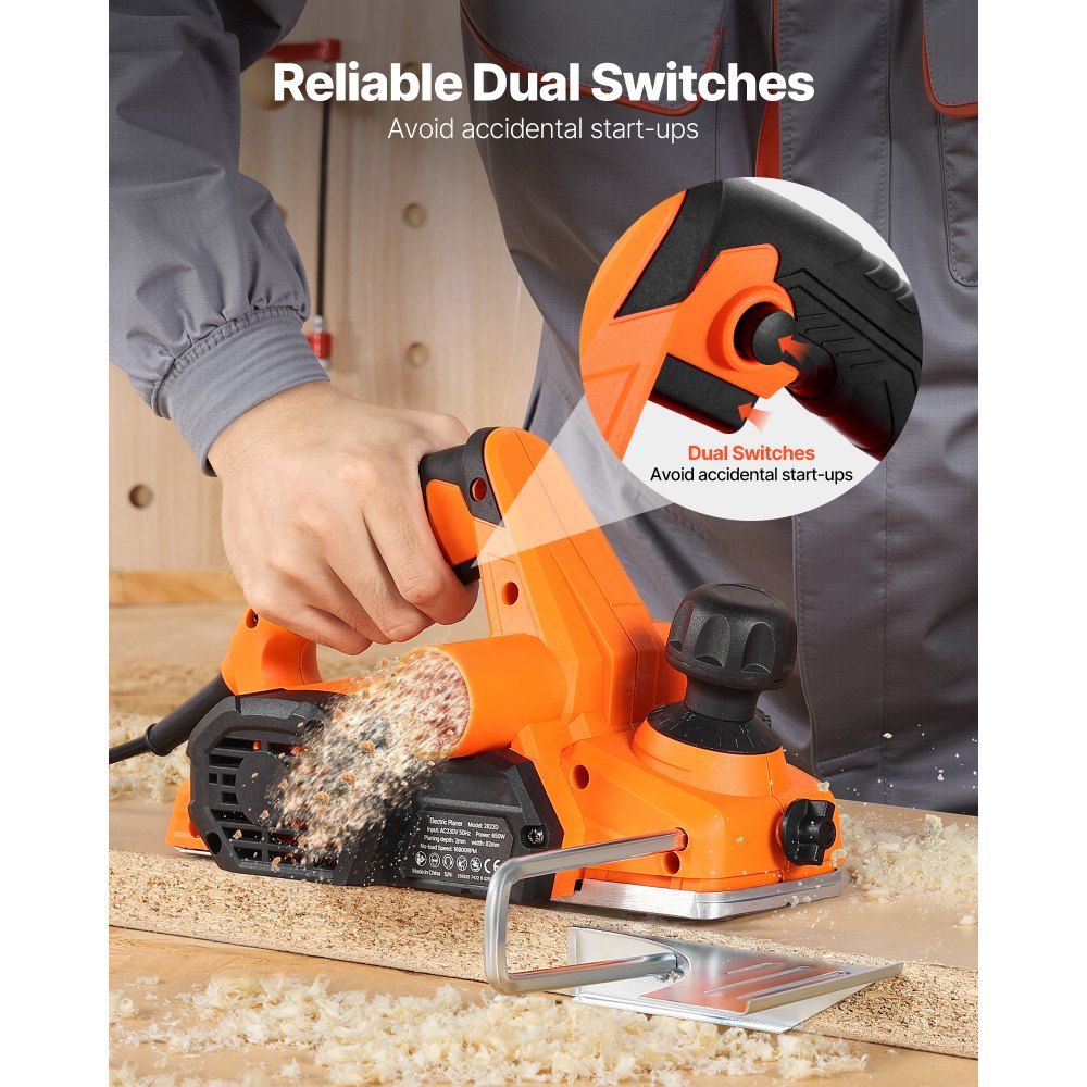 VEVOR elektrische schaafmachine, 82 mm snijbreedte, 650 W, 16.800 tpm, handschaafmachine voor hout, met instelbare snijdiepte, 2 messen, voor houtbewerking, afschuinen, doe-het-zelfprojecten, schaafmachine