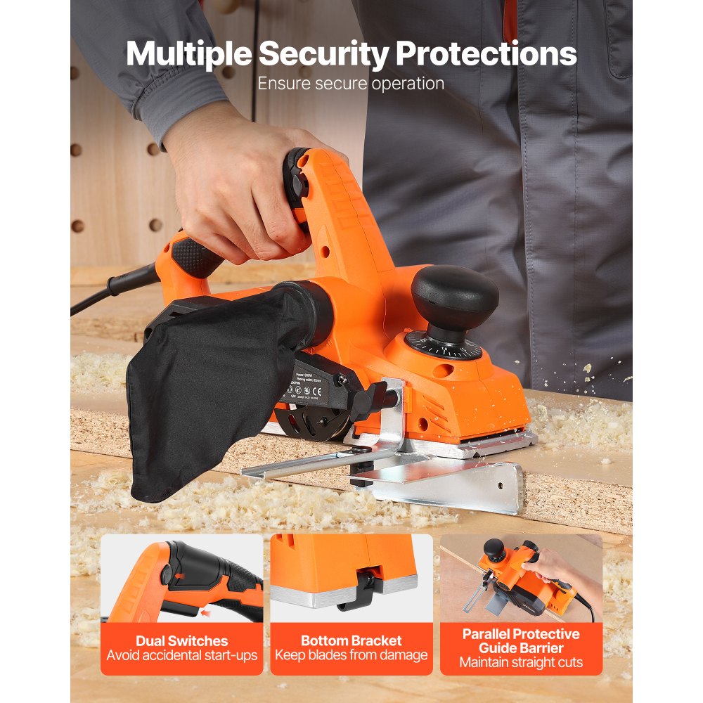 VEVOR elektrische schaafmachine, 82 mm snijbreedte, 900 W, 14500 tpm, handschaafmachine voor hout, met instelbare snijdiepte, 2 messen, voor houtbewerking, afschuinen, doe-het-zelfprojecten, schaafmachine