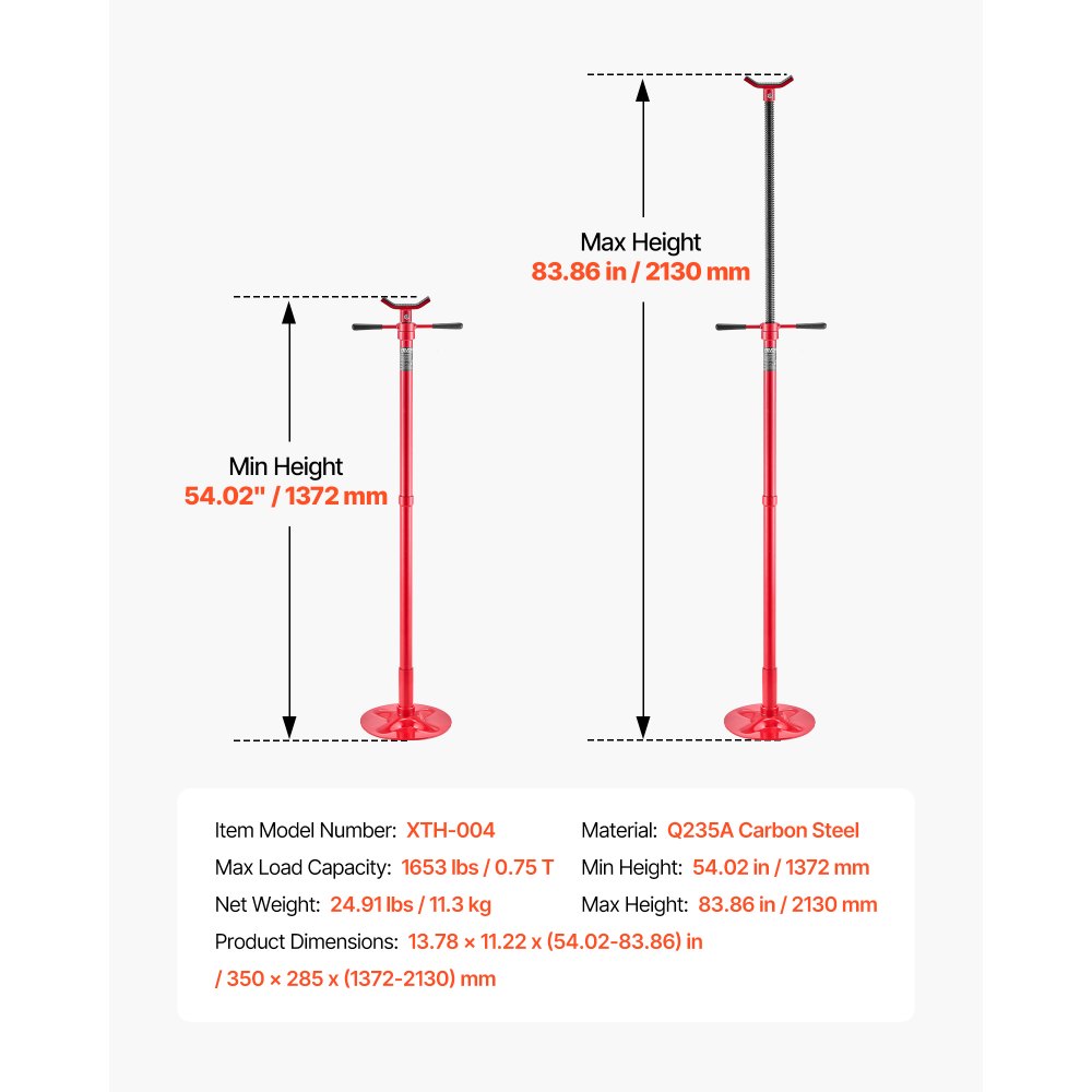 VEVOR Ondersteunende Krik 750 kg, in hoogte verstelbaar (1376–2128 mm) met kogelgelagerde draaihendel en zelfborgende schroef, voor het ondersteunen van voertuigonderdelen.