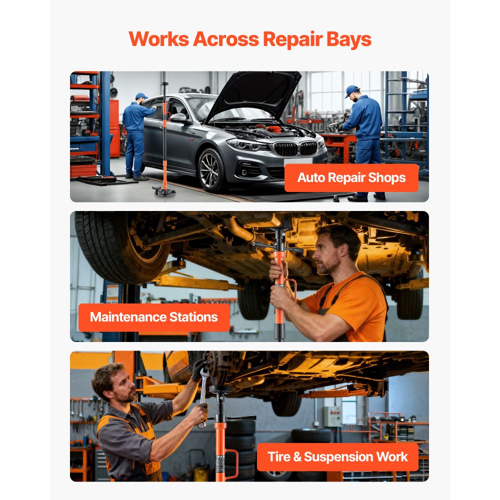 VEVOR Ondersteunende Krik 1 t, in hoogte verstelbaar (885–1800 mm) met kogelgelagerde draaihendel en zelfborgende schroef, voor het ondersteunen van voertuigonderdelen.