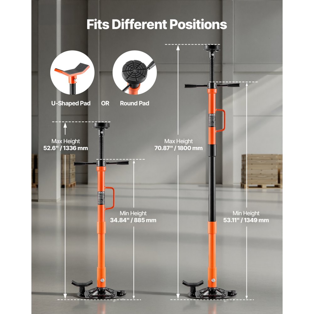 VEVOR Ondersteunende Krik 1 t, in hoogte verstelbaar (885–1800 mm) met kogelgelagerde draaihendel en zelfborgende schroef, voor het ondersteunen van voertuigonderdelen.