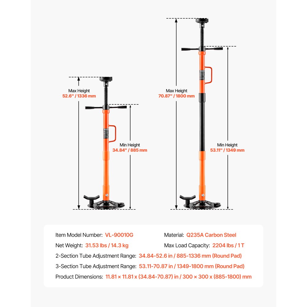 VEVOR Ondersteunende Krik 1 t, in hoogte verstelbaar (885–1800 mm) met kogelgelagerde draaihendel en zelfborgende schroef, voor het ondersteunen van voertuigonderdelen.