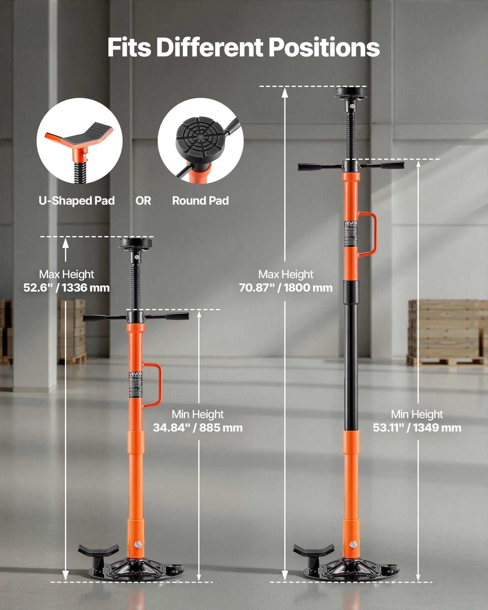 VEVOR Ondersteunende Krik 1 t, in hoogte verstelbaar (885–1800 mm) met kogelgelagerde draaihendel en zelfborgende schroef, voor het ondersteunen van voertuigonderdelen.