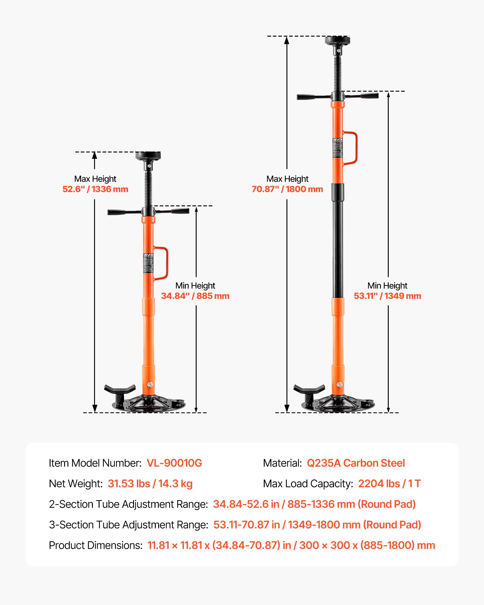 VEVOR Ondersteunende Krik 1 t, in hoogte verstelbaar (885–1800 mm) met kogelgelagerde draaihendel en zelfborgende schroef, voor het ondersteunen van voertuigonderdelen.