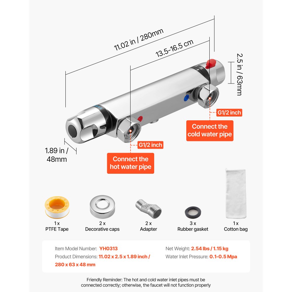 VEVOR Thermostatic Shower Faucet Valve, Anti-Scald 38℃ Secure Lock Thermostatic Shower Mixer Valve, Hot Cold Water Showering Faucet Temperature Control Valves for Bathroom, RV, Chrome-Plated Coating