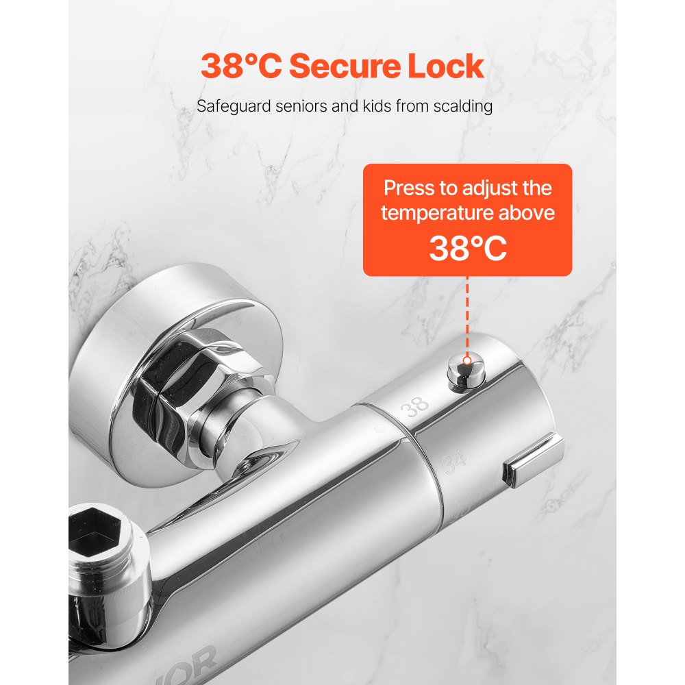 VEVOR Douchekraan met thermostatische douchemengkraan, douchekraan met 38 °C veiligheidsslot, douchekraankraan, badkraan, temperatuurregelventielen voor badkamer, camper, hotel, chroom-zilver