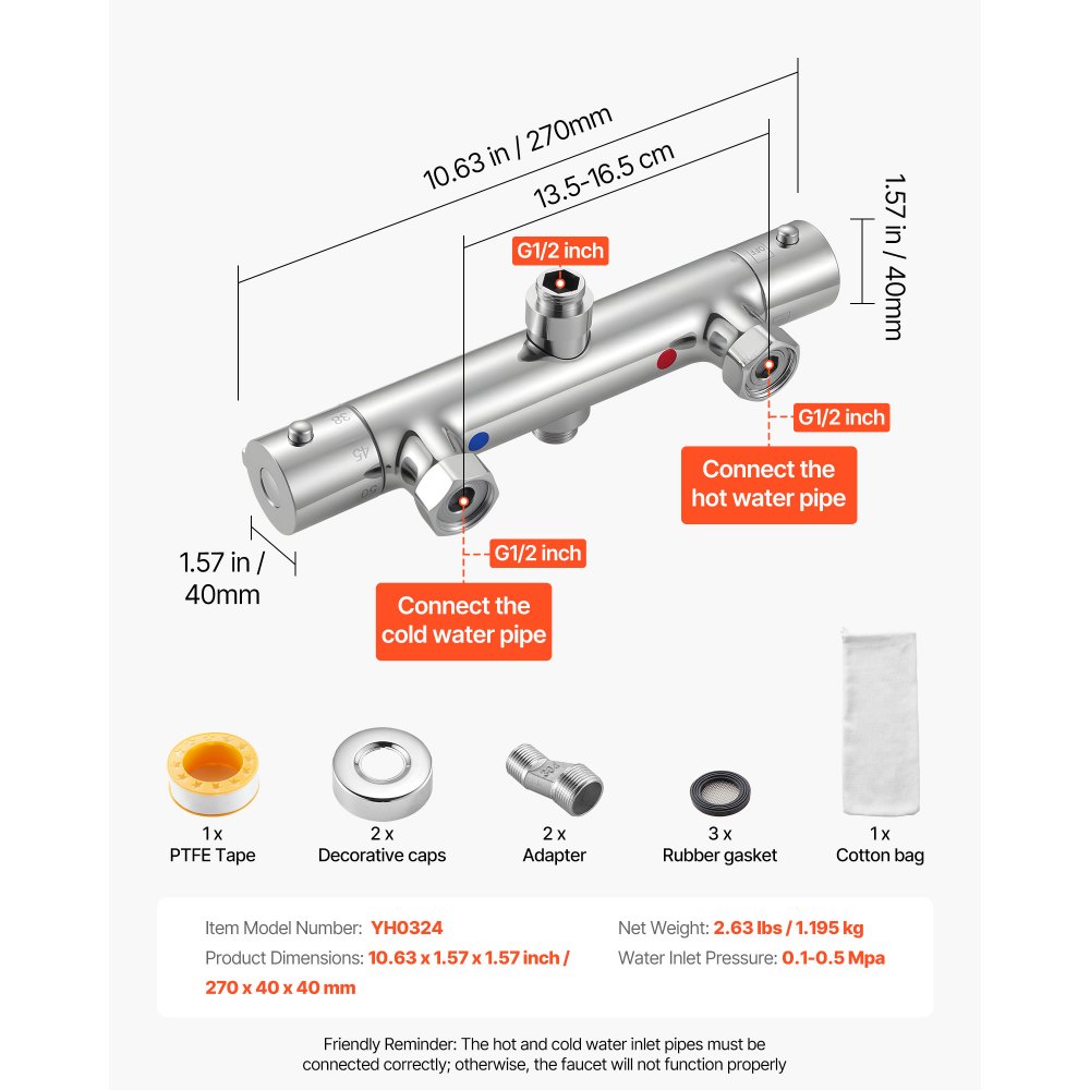VEVOR Douchekraan met thermostatische douchemengkraan, douchekraan met 38 °C veiligheidsslot, douchekraankraan, badkraan, temperatuurregelventielen voor badkamer, camper, hotel, chroom-zilver
