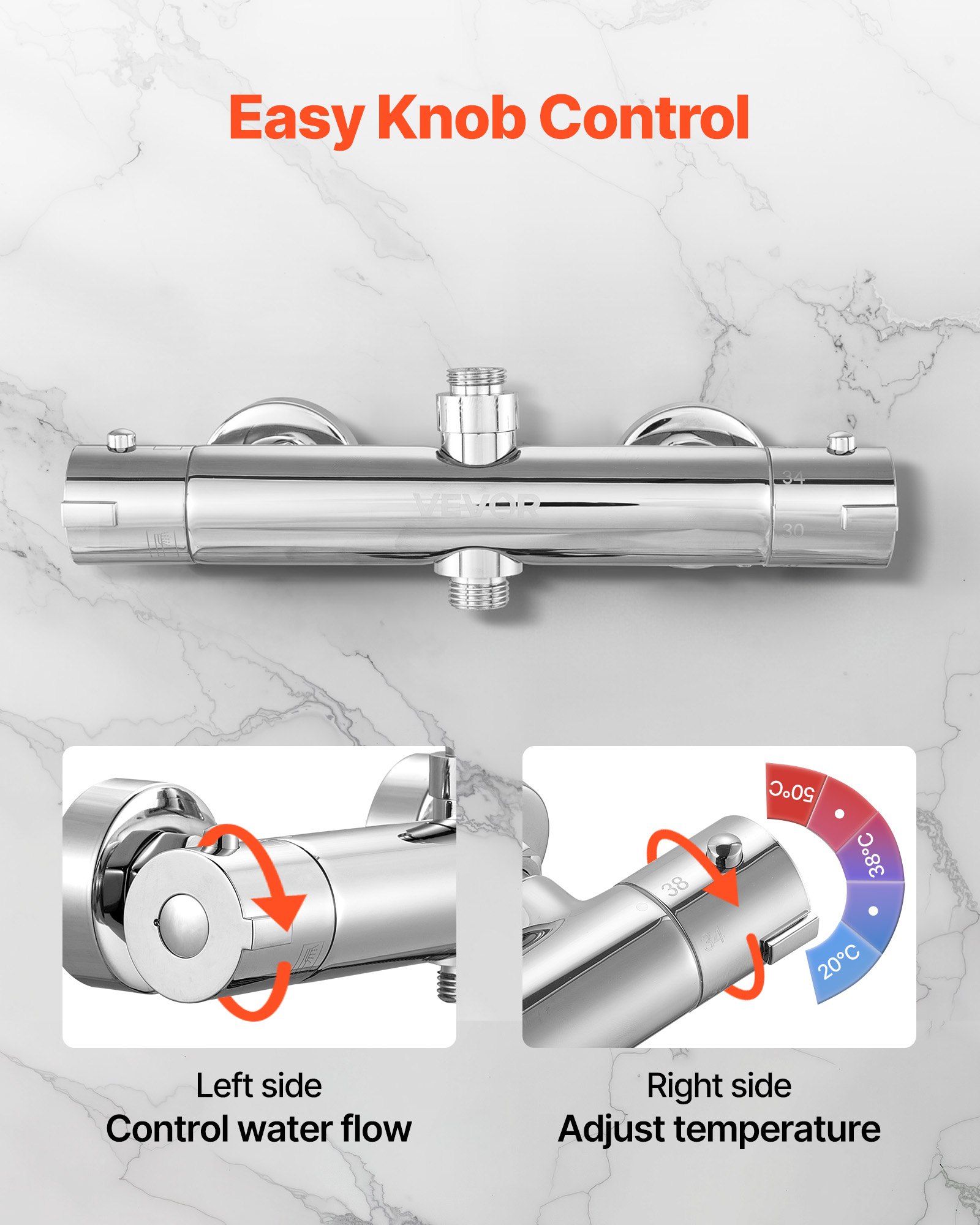 VEVOR Thermostatic Shower Faucet Valve, 38℃ Secure Lock Thermostatic Mixing Valve, Hot Cold Water Showering Faucet Temperature Control Valves with Consistent Water Temperature for Bathroom, RV, Camper