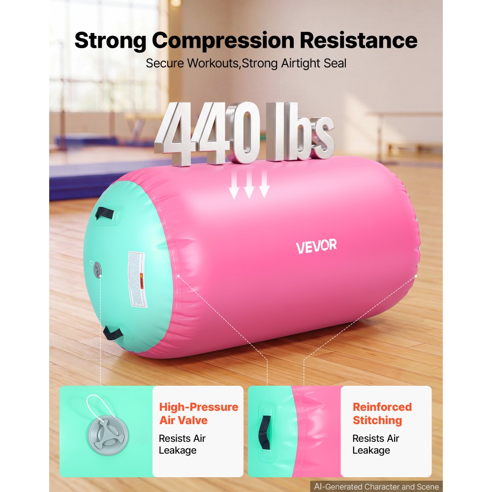 VEVOR Airtrack Roll 120 x 75 cm Opblaasbare gymnastiekrol met pomp, roze, voor sportscholen, scholen, clubs en tuinen, draagvermogen 200 kg, instelbare luchtdruk, siliconen handgrepen, slang en opbergtas