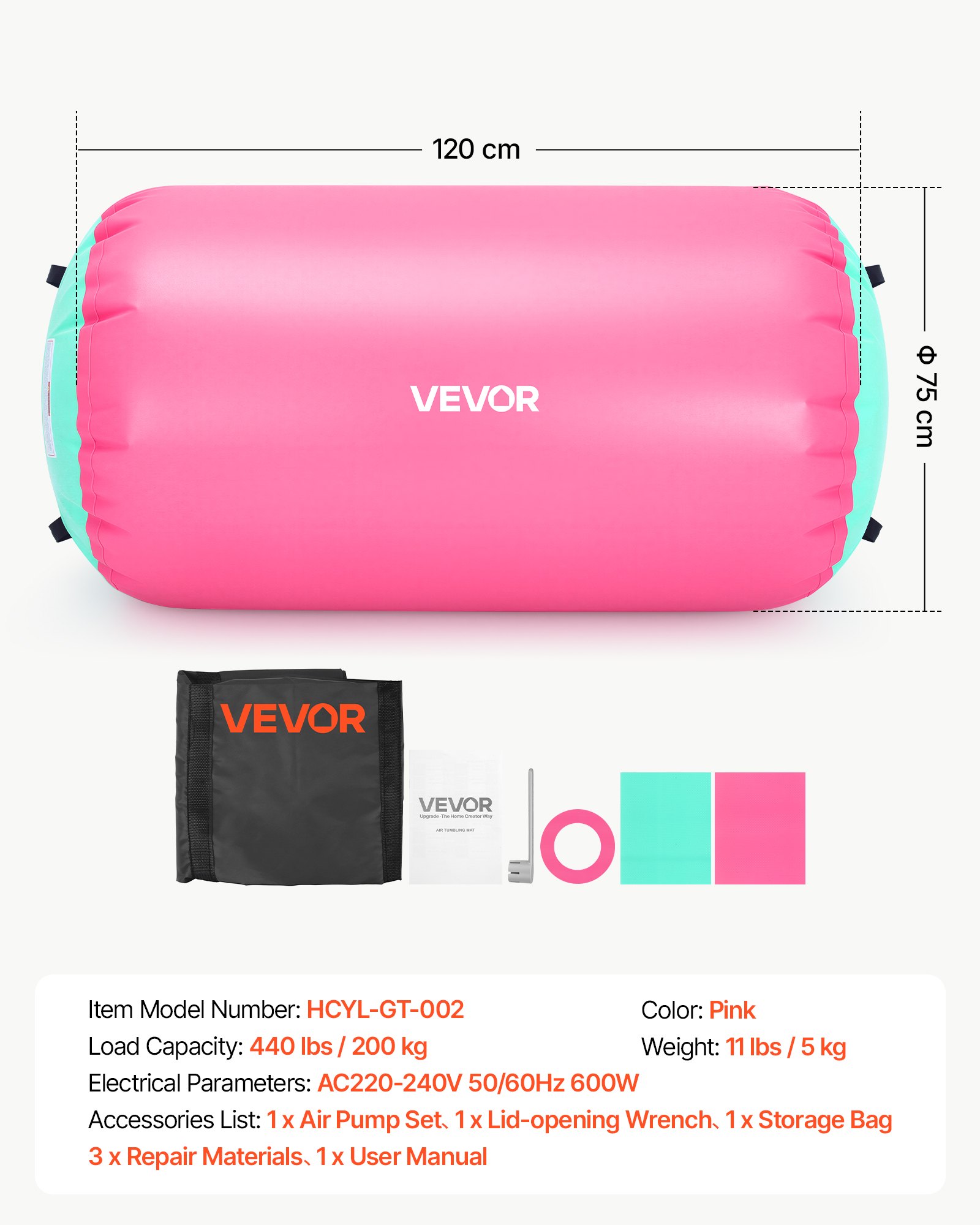 VEVOR Airtrack Roll 120 x 75 cm Opblaasbare gymnastiekrol met pomp, roze, voor sportscholen, scholen, clubs en tuinen, draagvermogen 200 kg, instelbare luchtdruk, siliconen handgrepen, slang en opbergtas