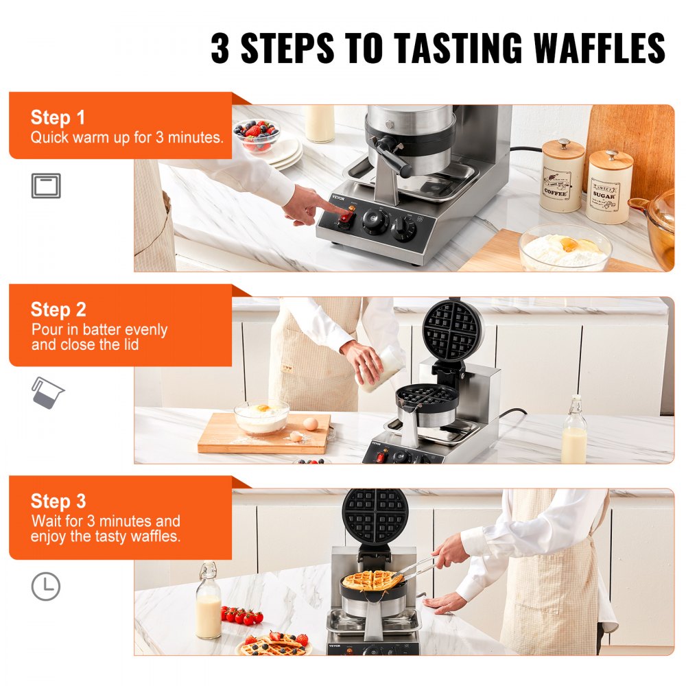 VEVOR Ronde Wafelijzer 1300W, Contactgrill Belgisch Wafelijzer 4-delige Wafelmachine van RVS inclusief voedselclip & borstels & anti-verbrandingshandgreep, voor cafés, restaurants, enz.