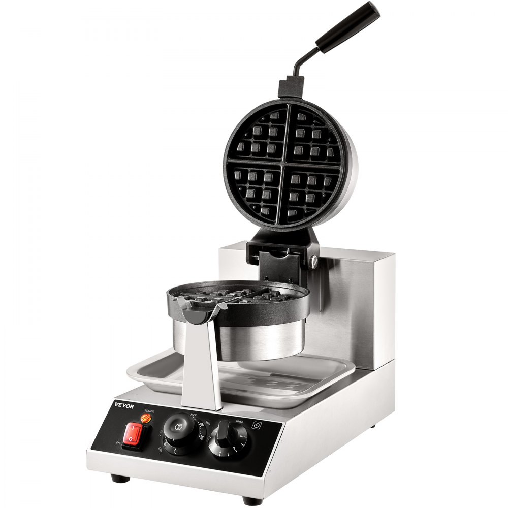 VEVOR Ronde Wafelijzer 1300W, Contactgrill Belgisch Wafelijzer 4-delige Wafelmachine van RVS inclusief voedselclip & borstels & anti-verbrandingshandgreep, voor cafés, restaurants, enz.