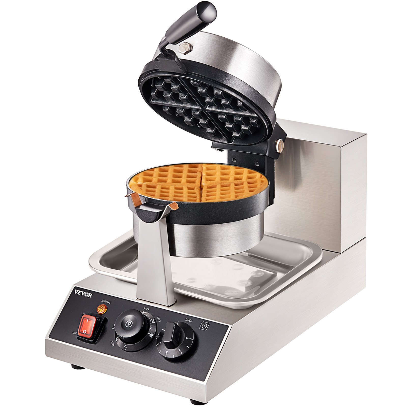 VEVOR Ronde Wafelijzer 1300W, Contactgrill Belgisch Wafelijzer 4-delige Wafelmachine van RVS inclusief voedselclip & borstels & anti-verbrandingshandgreep, voor cafés, restaurants, enz.