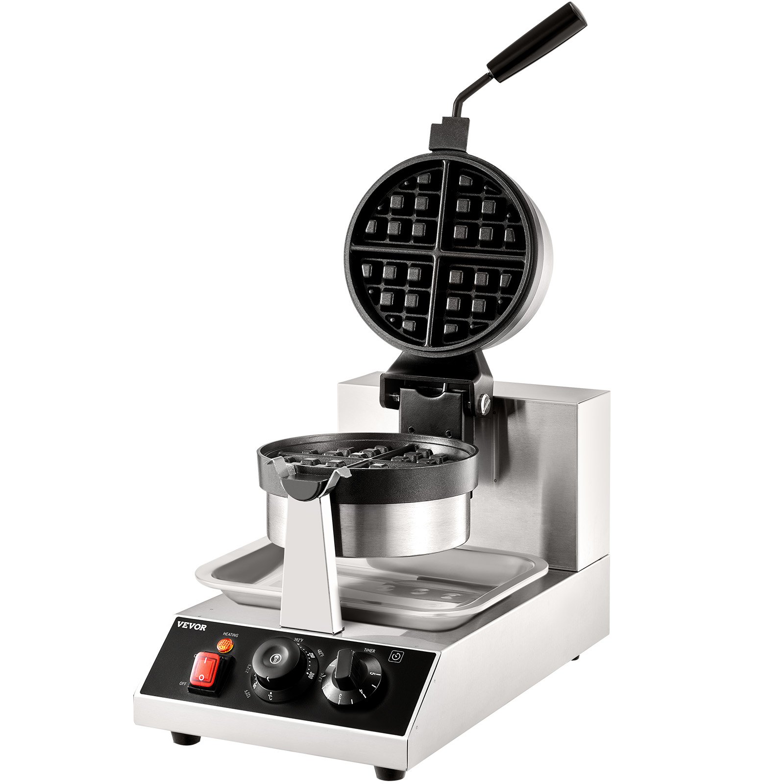 VEVOR Ronde Wafelijzer 1300W, Contactgrill Belgisch Wafelijzer 4-delige Wafelmachine van RVS inclusief voedselclip & borstels & anti-verbrandingshandgreep, voor cafés, restaurants, enz.