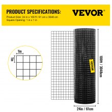 VEVOR Hardware Cloth, 24\" x 100\' & 1\"x1\" Mesh Size, Galvanized Steel Vinyl Coated 16 Gauge Chicken Wire Fencing with A Cutting Plier & A Pair of Fabric Gloves, for Garden Fencing & Pet Enclosures,