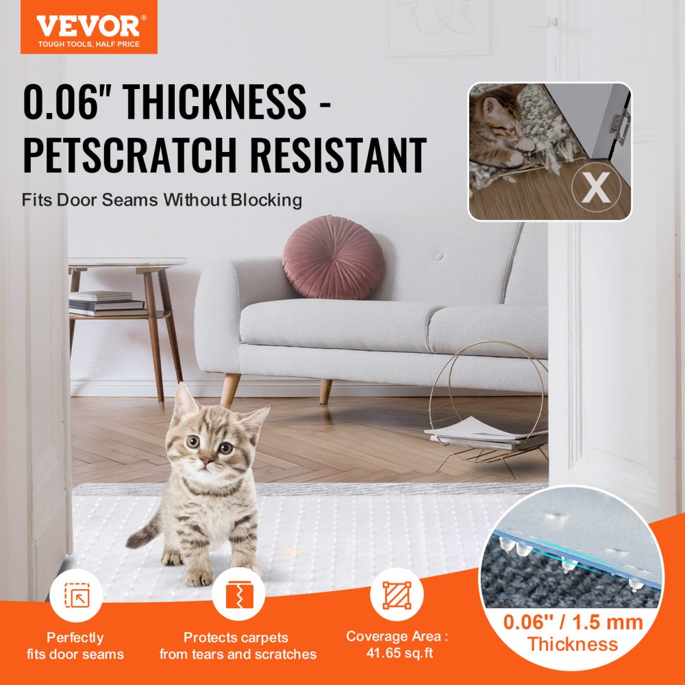 VEVOR Huisdierentapijtbeschermer, 4,5 x 1,2 m, krasbestendige PVC-kattentapijtbeschermer voor deurkozijn, antislipmat voor bescherming tegen krassen van katten, gemakkelijk te snijden kunststof tapijtkrabstopper