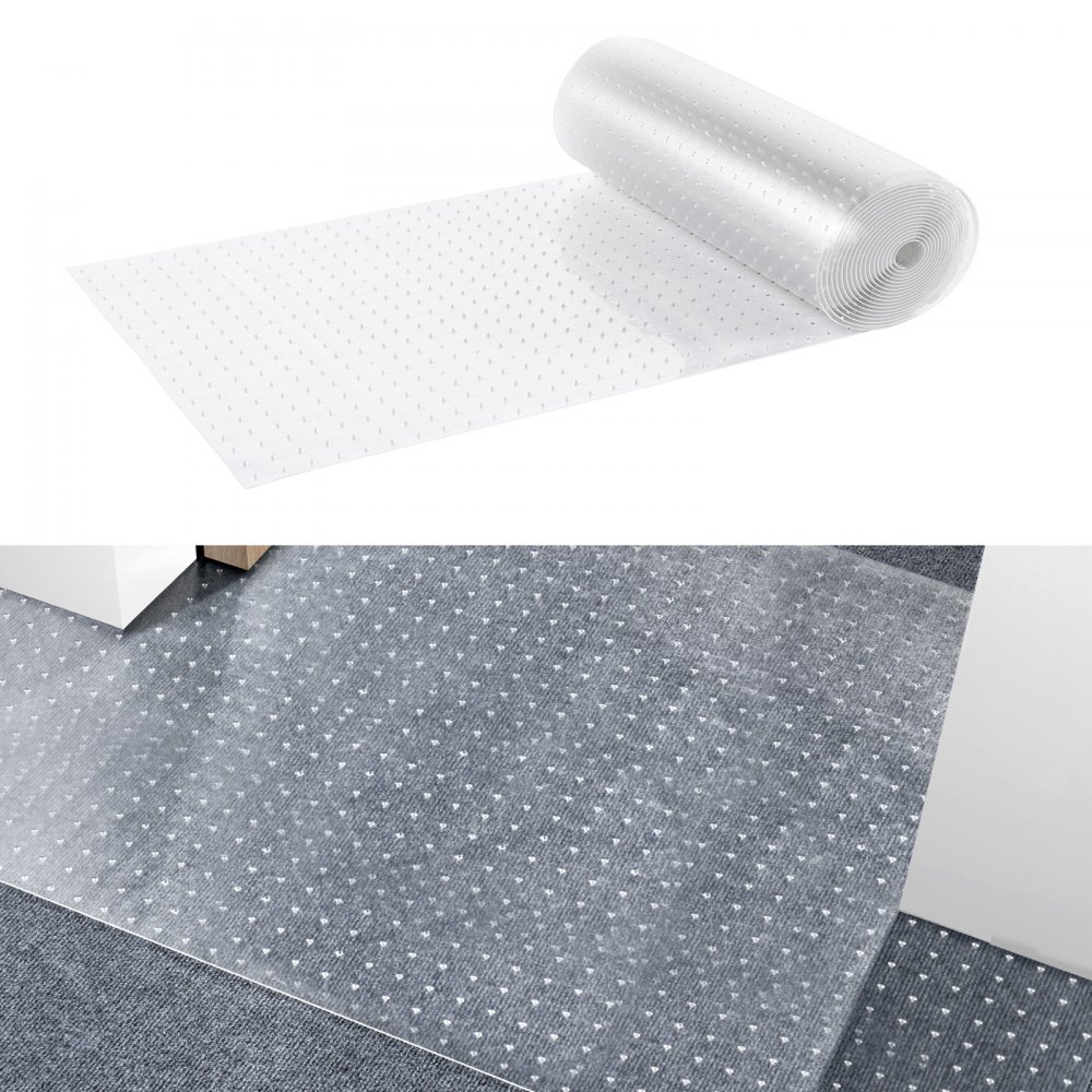 VEVOR carpet protector for pets, transparent plastic mat unrolled and covering grey carpet.