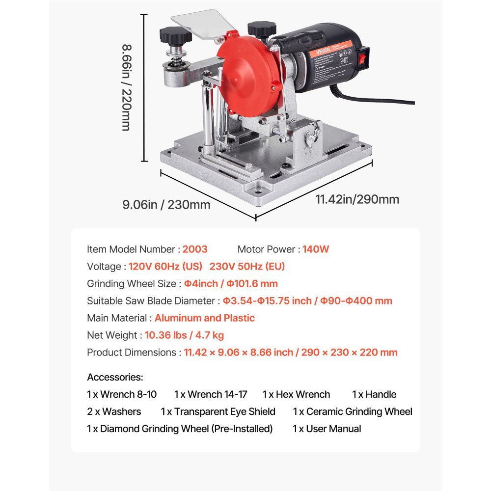 VEVOR 140W zaagbladenslijper, cirkelzaagbladenslijper met 5700 tpm en 100 mm slijpschijf, elektrische slijpmachine met een instelbare hoek van ±25° voor zaagbladen van 90-400 mm, zaagbladenslijper voor houtbewerking