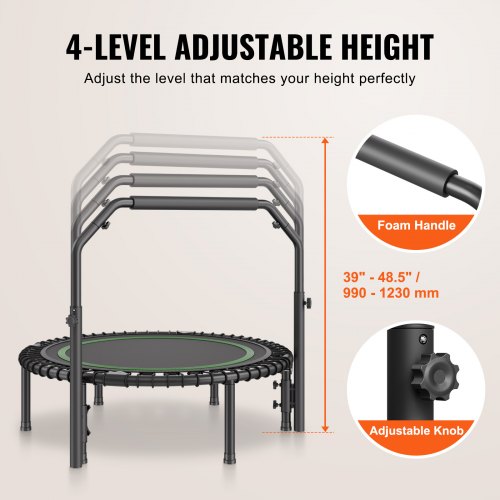 Opvouwbare Mini Trampoline Fitness Rebounder 1384 mm 205 kg Laadvermogen Trainingstrampoline, Rebounder Trampoline Tuintrampoline met 3-niveau hoogteverstelbare schuimrubberen handgreep en 44 spanbanden | NL