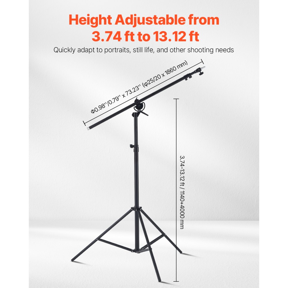VEVOR Air Cushioned Aluminum Light Stand, Max Height 12.8 ft/390 cm, Adjustable Photography Stand with Boom Arm, Sandbag, Max Load 5kg, 1/4 in Screw for Softbox, Studio Flash, Umbrella, Ring Light