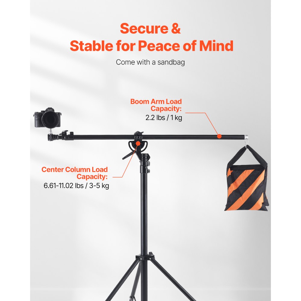 VEVOR Air Cushioned Aluminum Light Stand, Max Height 12.8 ft/390 cm, Adjustable Photography Stand with Boom Arm, Sandbag, Max Load 5kg, 1/4 in Screw for Softbox, Studio Flash, Umbrella, Ring Light