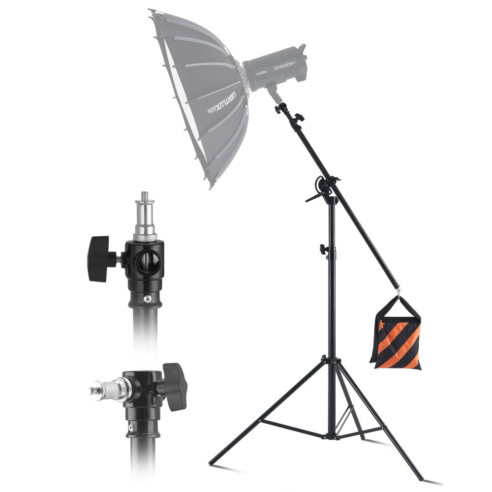 VEVOR Air Cushioned Aluminum Light Stand, Max Height 12.8 ft/390 cm, Adjustable Photography Stand with Boom Arm, Sandbag, Max Load 5kg, 1/4 in Screw for Softbox, Studio Flash, Umbrella, Ring Light