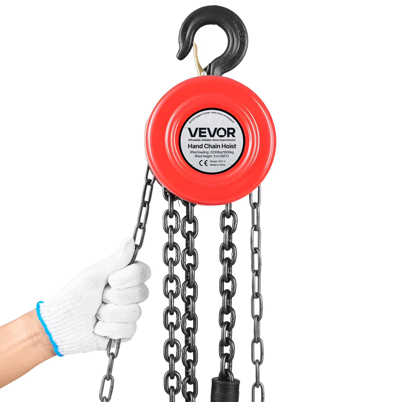 VEVOR Hand Chain Hoist, 1 Ton Capacity, Manual Chain Block with Upgrade G70 Galvanized Chain, 3 m Lifting Height, Heavy Duty Pulley Hoist for Garage Warehouse Automotive Machinery, Red