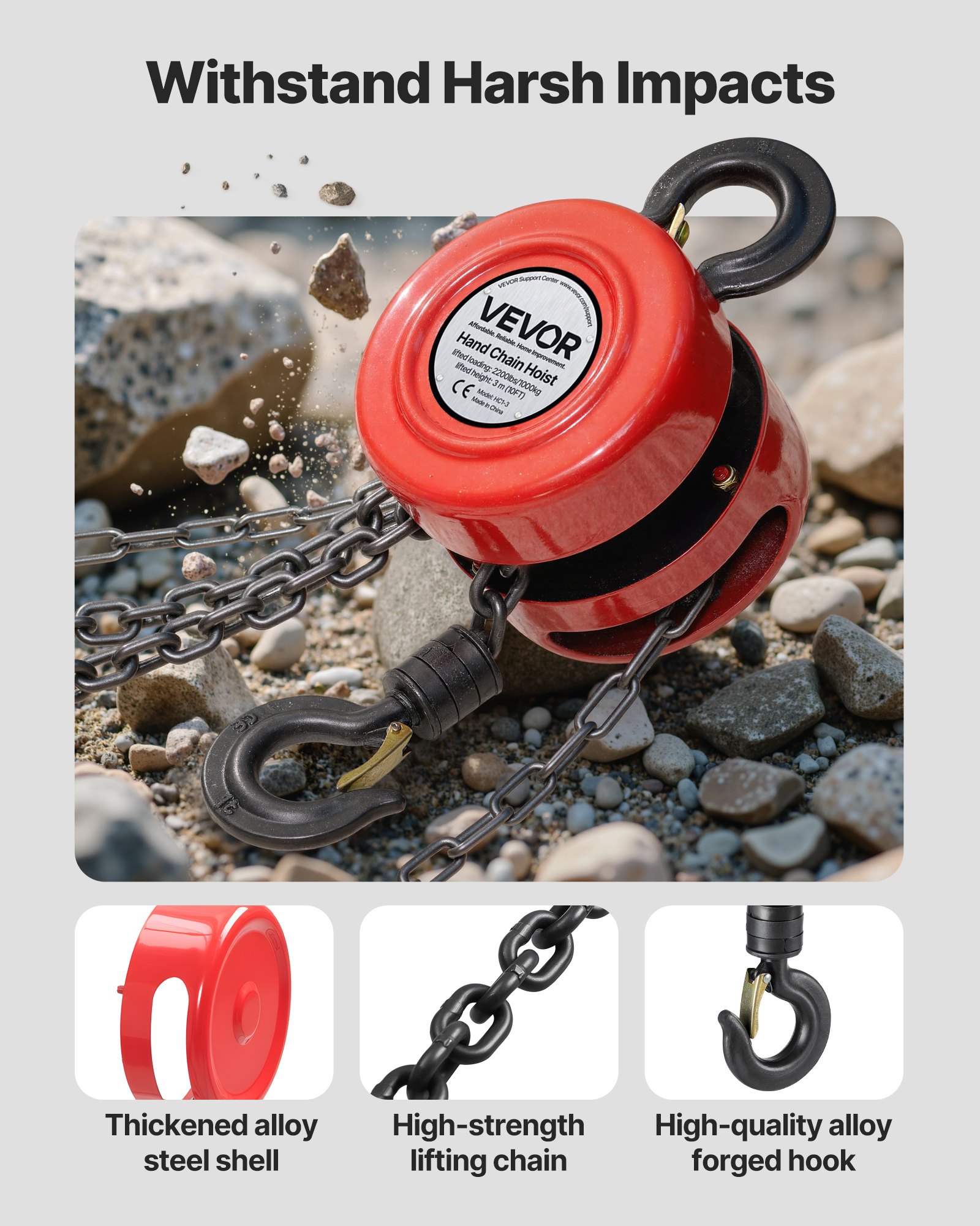 VEVOR 1T handkettingtakel, 3 m hefhoogte, zware kettingtakel met G70-ketting, handtakel, kettingtakel voor garages, magazijnen, automachines, rood