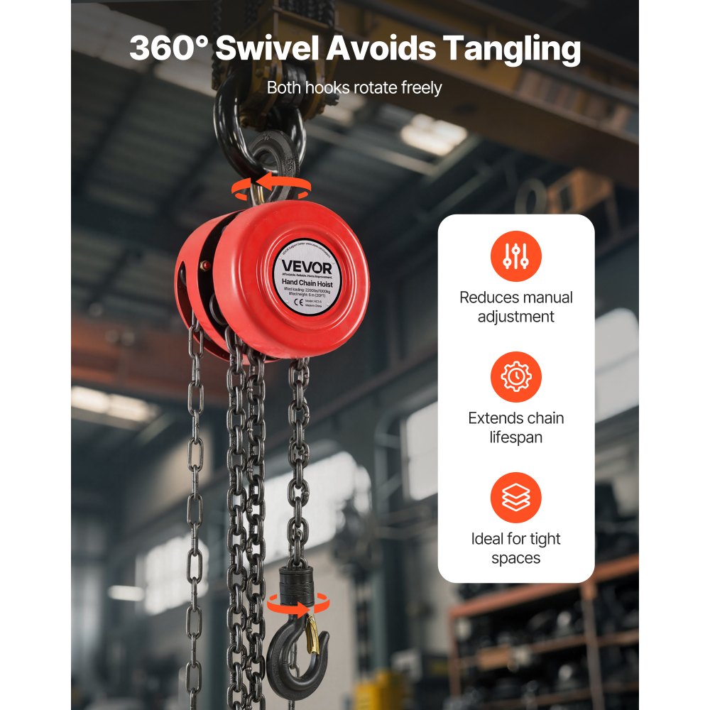 VEVOR Hand Chain Hoist, 1 Ton Capacity, Manual Chain Block with Upgrade G70 Galvanized Chain, 6 m Lifting Height, Heavy Duty Pulley Hoist for Garage Warehouse Automotive Machinery, Red