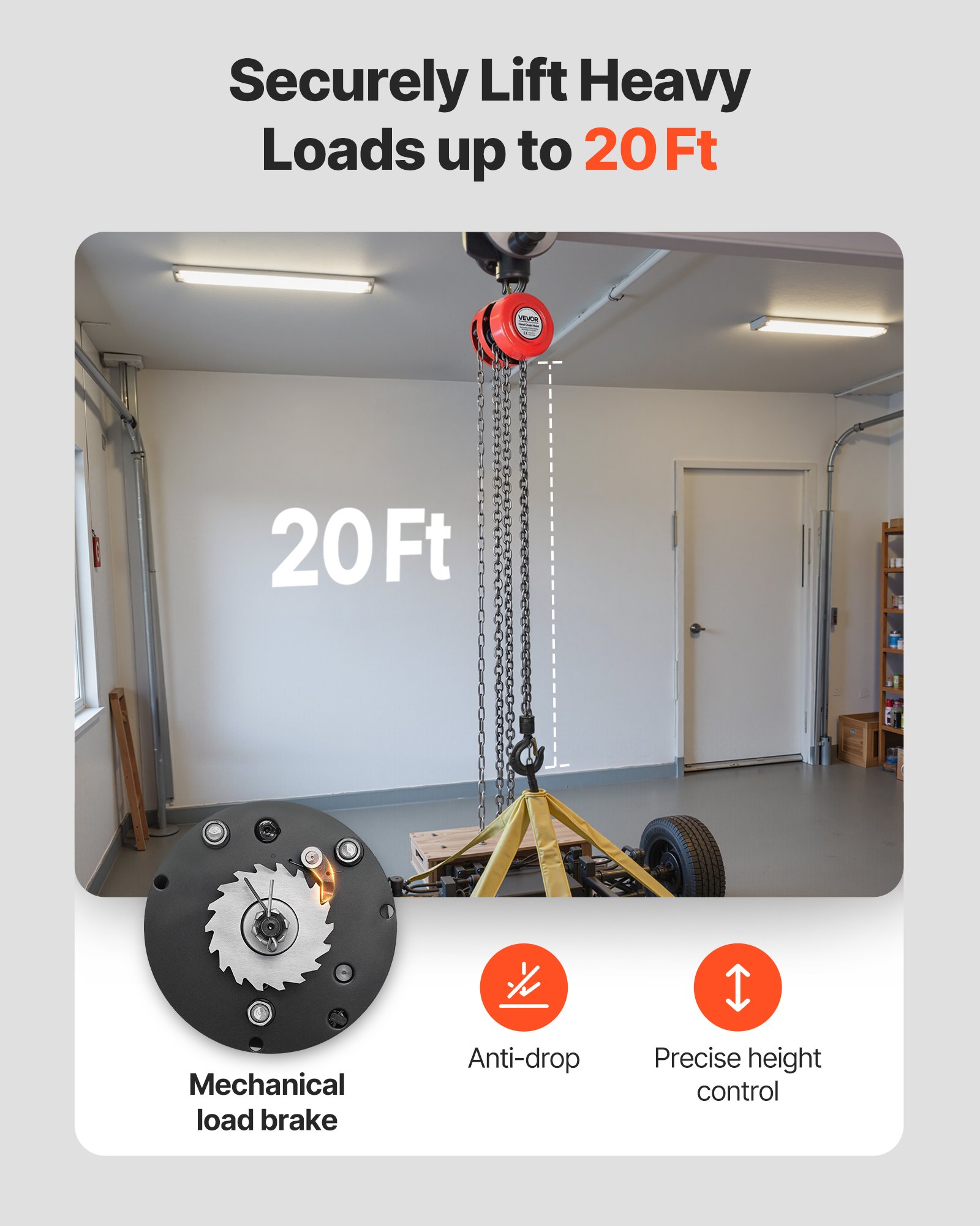 VEVOR 1T handkettingtakel, 6 m hefhoogte, zware kettingtakel met G70-ketting, zware katrolblok, handtakel, kettingtakel voor garages, magazijnen, automachines, oranje